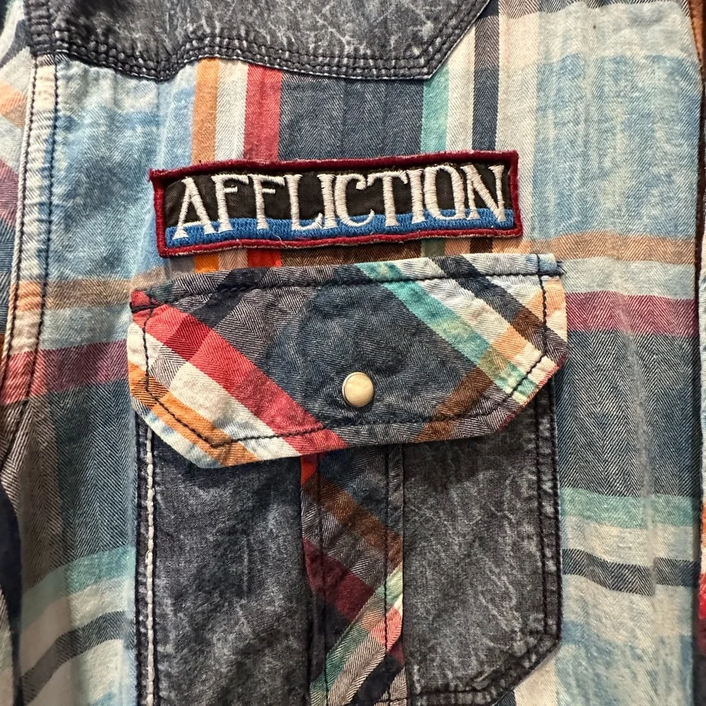 Affliction Men's Blue and Red Plaid Snap Down Shirt - Picture 2 of 9